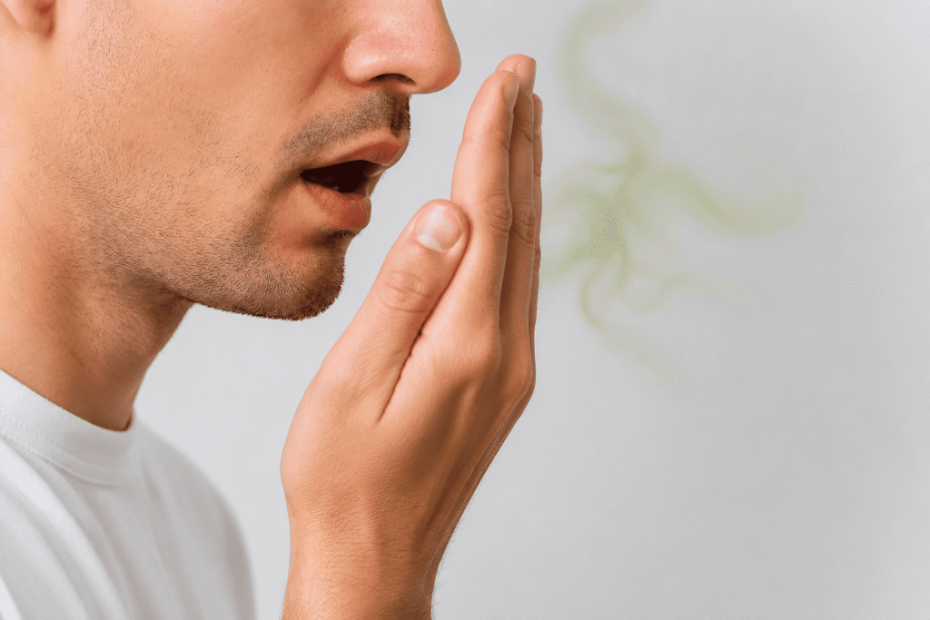 Dentist examining a patient's teeth for signs related to bad breath and oral health in Doral, FL
